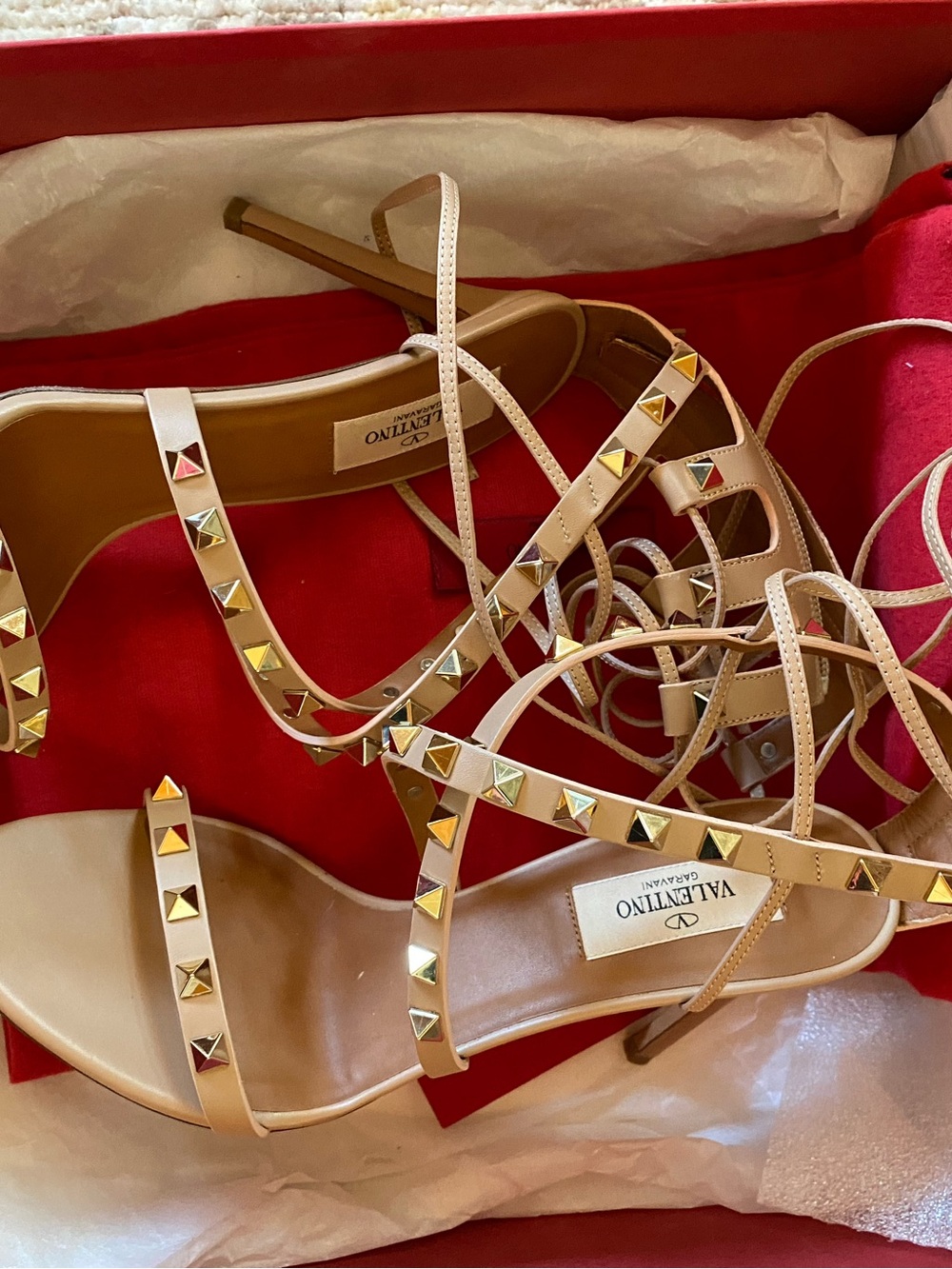 Valentino Garavani Nude Leather Rockstud Lace-Up Heels with Gold Studs